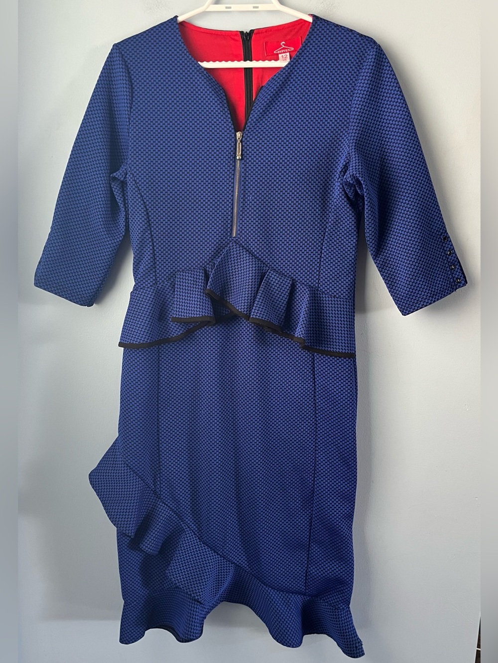 4Given Royal Blue Textured Peplum Ruffle 3/4 Sleeve Midi Dress Size 8